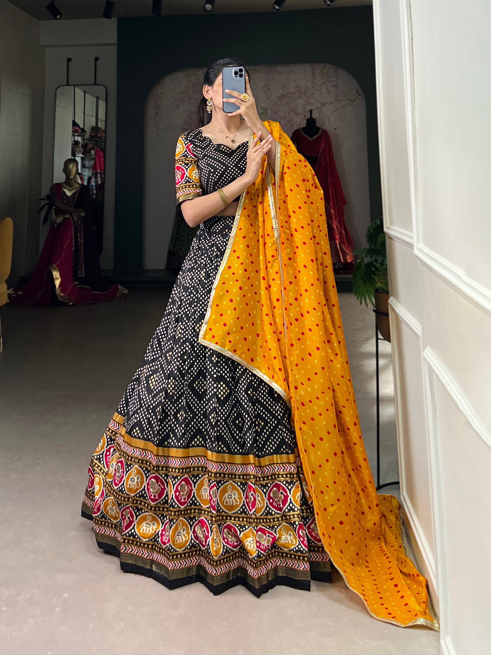 Tussar Silk Lehenga Work : Bandhej And Patola Print With Foil Work