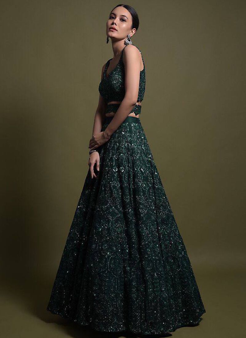 Green Thai Silk Sequin Work Lehenga Choli With V-Neck | Ready To Wear