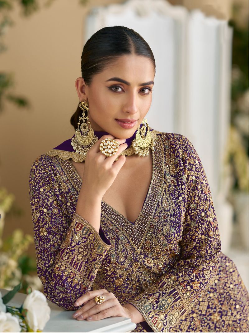 Purple Suit With Embroidery Work | Ready To Wear