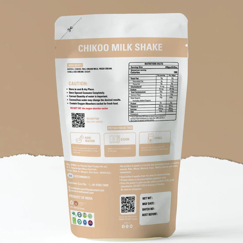 Fresh O Need Chikoo Milk Shake - Ready To Eat 250 gms
