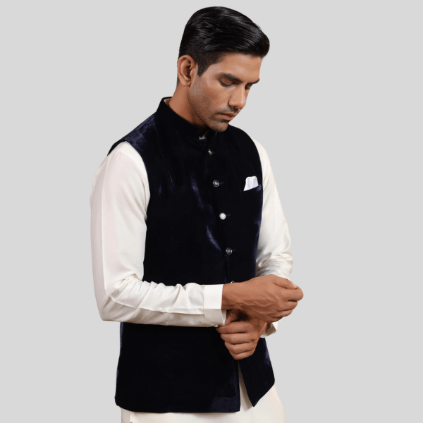 Navy Color Velvet Waist Coat For Men - India shopping