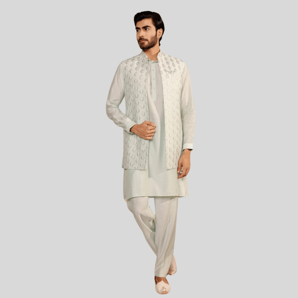 Sky Blue Long Jodhpuri Jacket with Kurta Pajama - Main Image