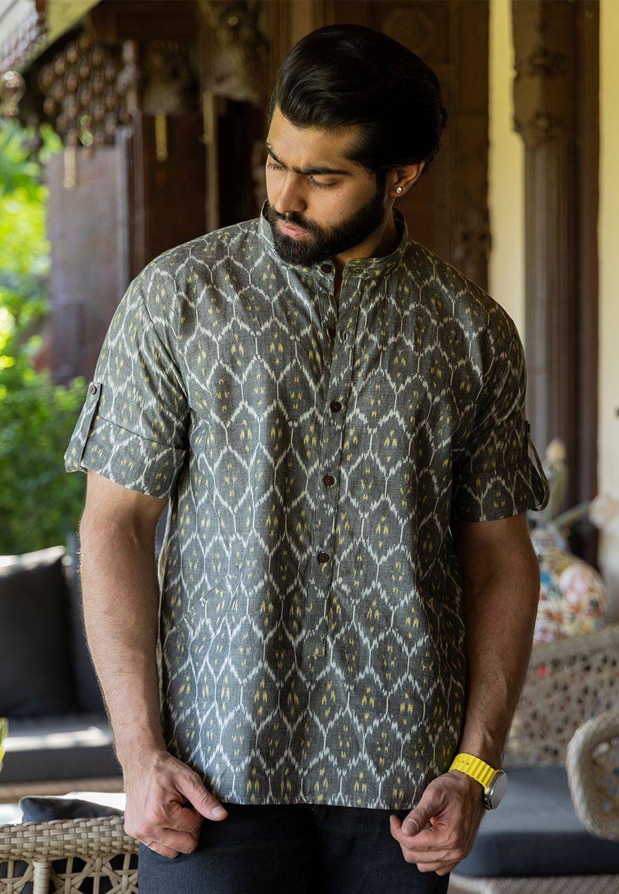 Gray Cotton Shirt with Ikkat Weave - India shopping