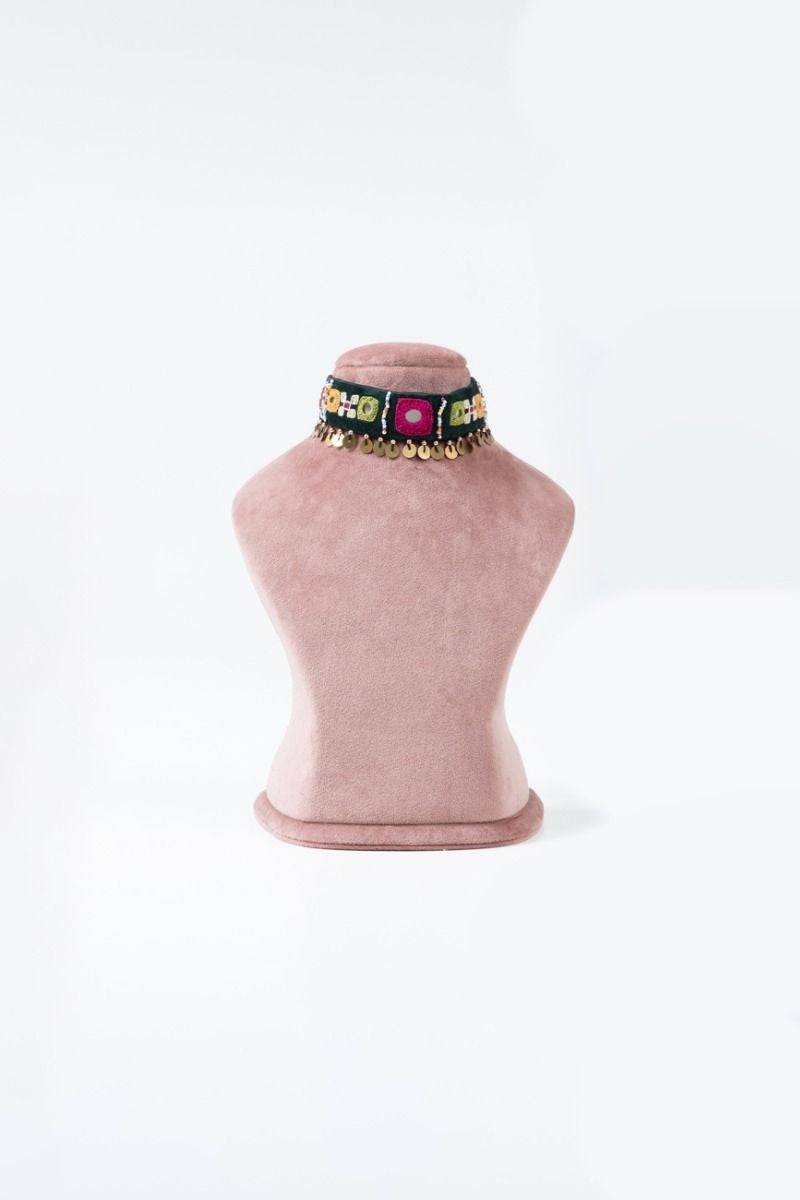 Green Thread, Mirror, & Ghungroo Choker - India shopping