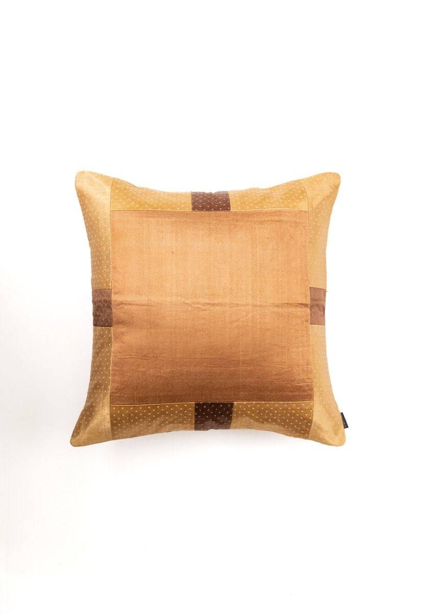 Beige Mashru Cushion Cover with Striped Patches - India shopping
