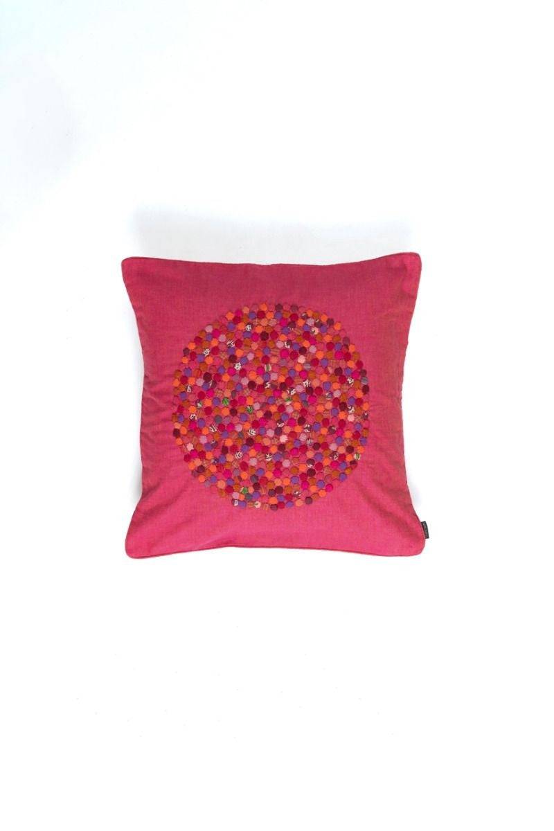 Pink Handwoven Cotton Cushion Cover with Round Applique Work - India shopping
