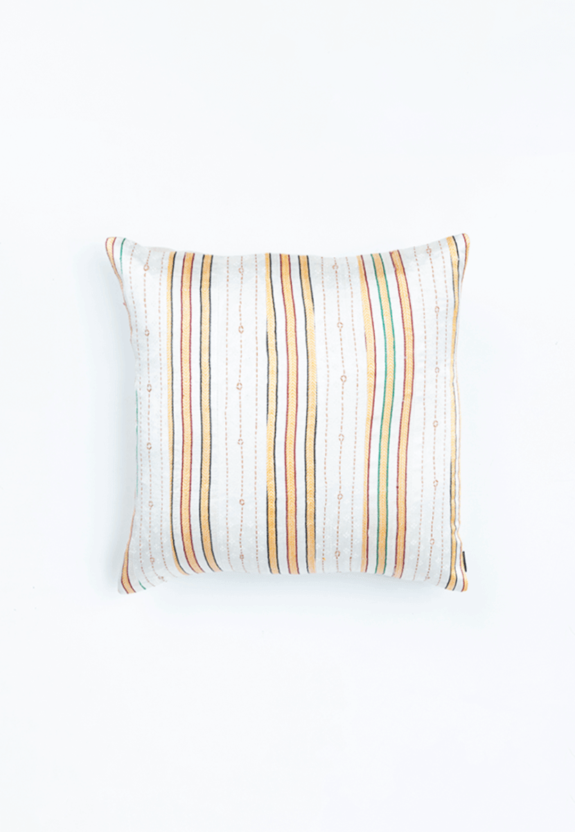 White Handwoven Mashru Cushion Cover - Main Image