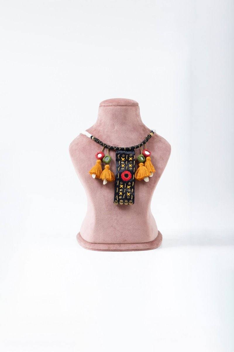 Multicolor Threads, Mirrors, & Beads Necklace - India shopping