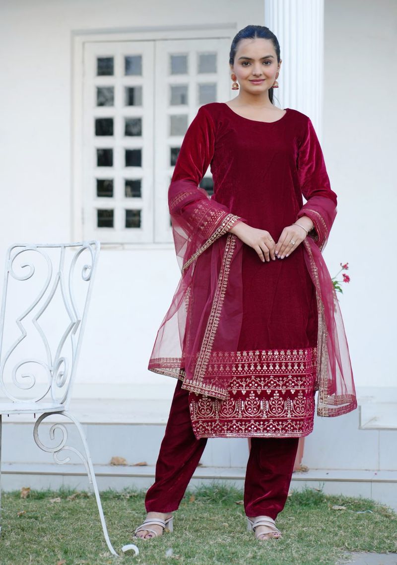 Red Velvet Lehenga Suit With Sequence And Work | Ready To Wear