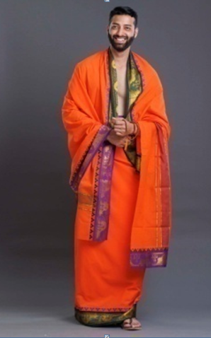 Traditional Cotton Dhoti With Green And Orange Colour Combination