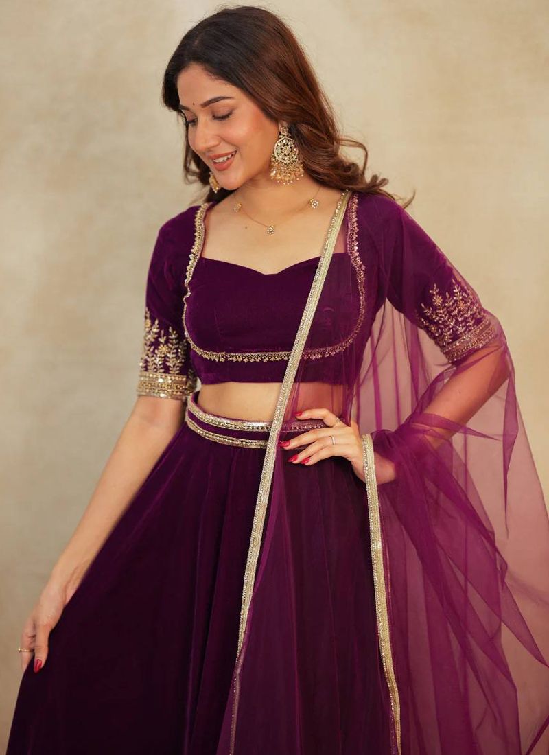 Velvet Border Work Lehenga Choli With V-Neck | Ready To Wear
