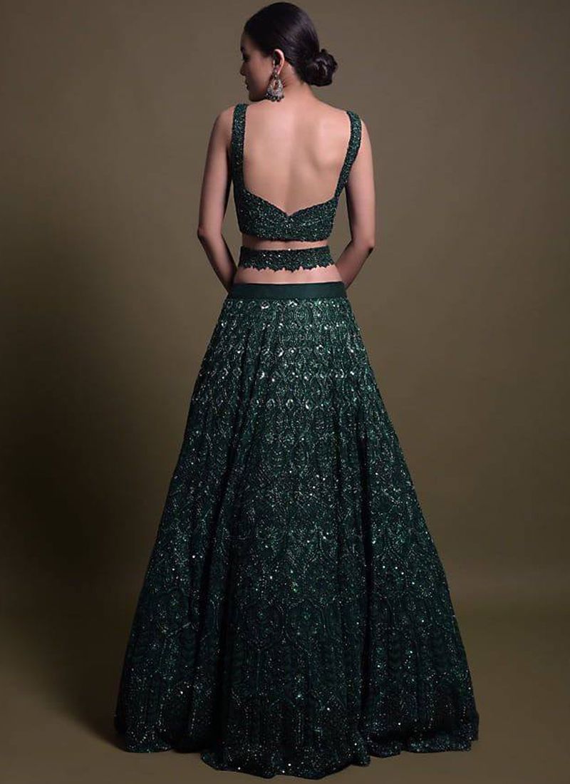 Green Thai Silk Sequin Work Lehenga Choli With V-Neck | Ready To Wear