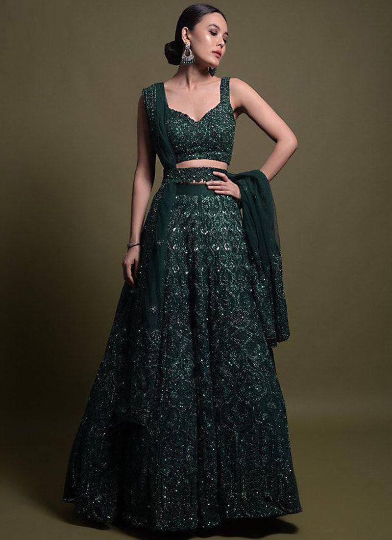 Green Thai Silk Sequin Lehenga Choli | Designer Skirt Set