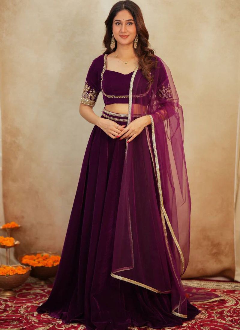 Velvet Border Work Lehenga Choli With V-Neck | Ready To Wear