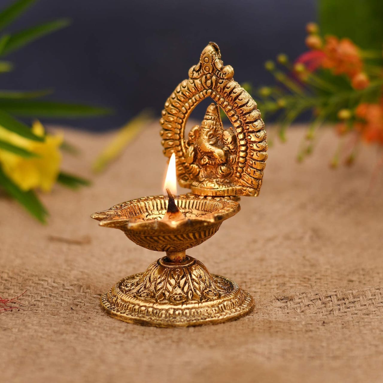 Lord Ganesha Brass Diya with 5 Wicks | Handcrafted Puja Lamp