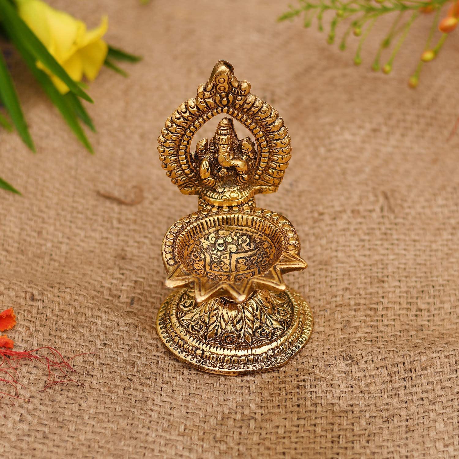 Lord Ganesha Brass Diya with 5 Wicks | Handcrafted Puja Lamp