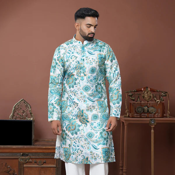Meraki Ethnic Aqua Garden Kurta Pajama | Ready To Wear