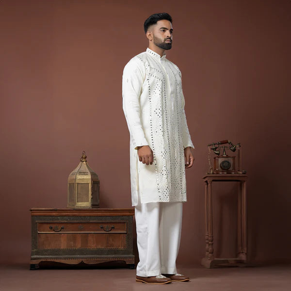 Meraki Ethnic Ivory Mirror Majesty Kurta Pajama | Ready To Wear