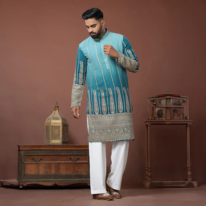 Meraki Ethnic Teal Royale Kurta Pajama | Ready To Wear