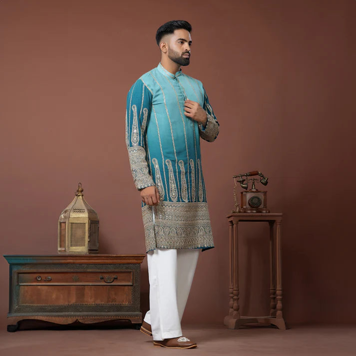Meraki Ethnic Teal Royale Kurta Pajama | Ready To Wear