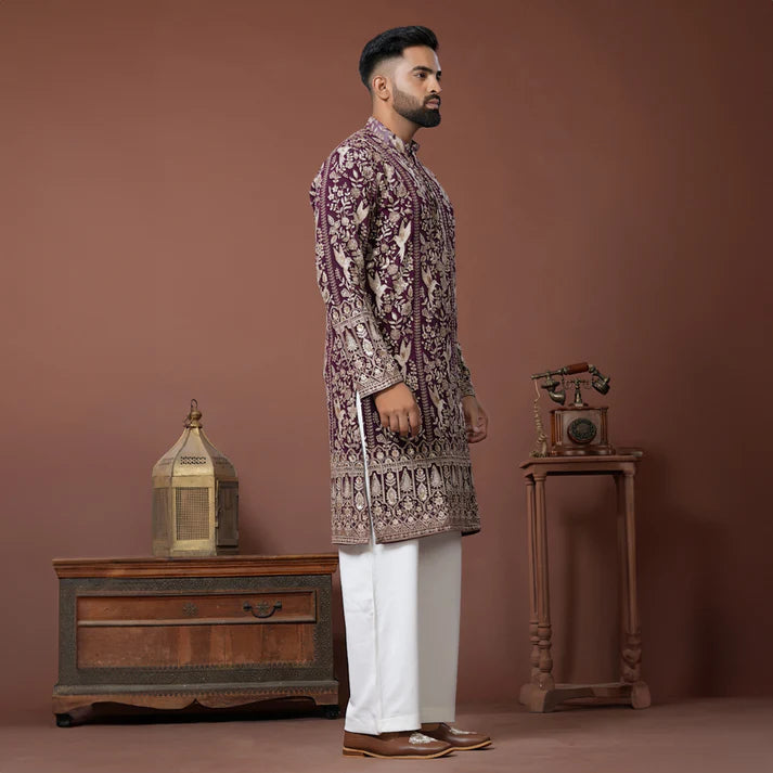 Meraki Ethnic Royal Maroon Garden Kurta Pajama | Ready To Wear