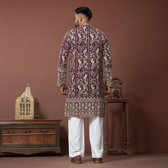 Meraki Ethnic Royal Maroon Garden Kurta Pajama | Ready To Wear