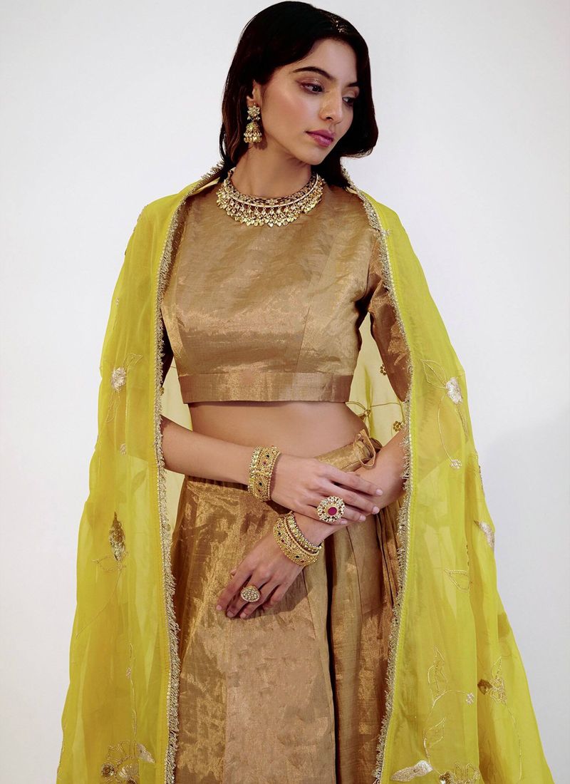Golden Banarasi Zari Silk Lehenga Choli With Yellow Sequins | Ready To Wear
