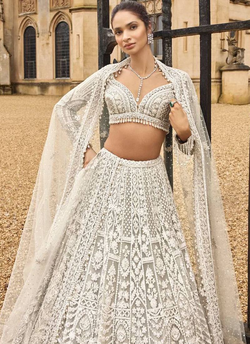 Off-White Net Thread Work Lehenga Choli With V-Neck | Ready To Wear
