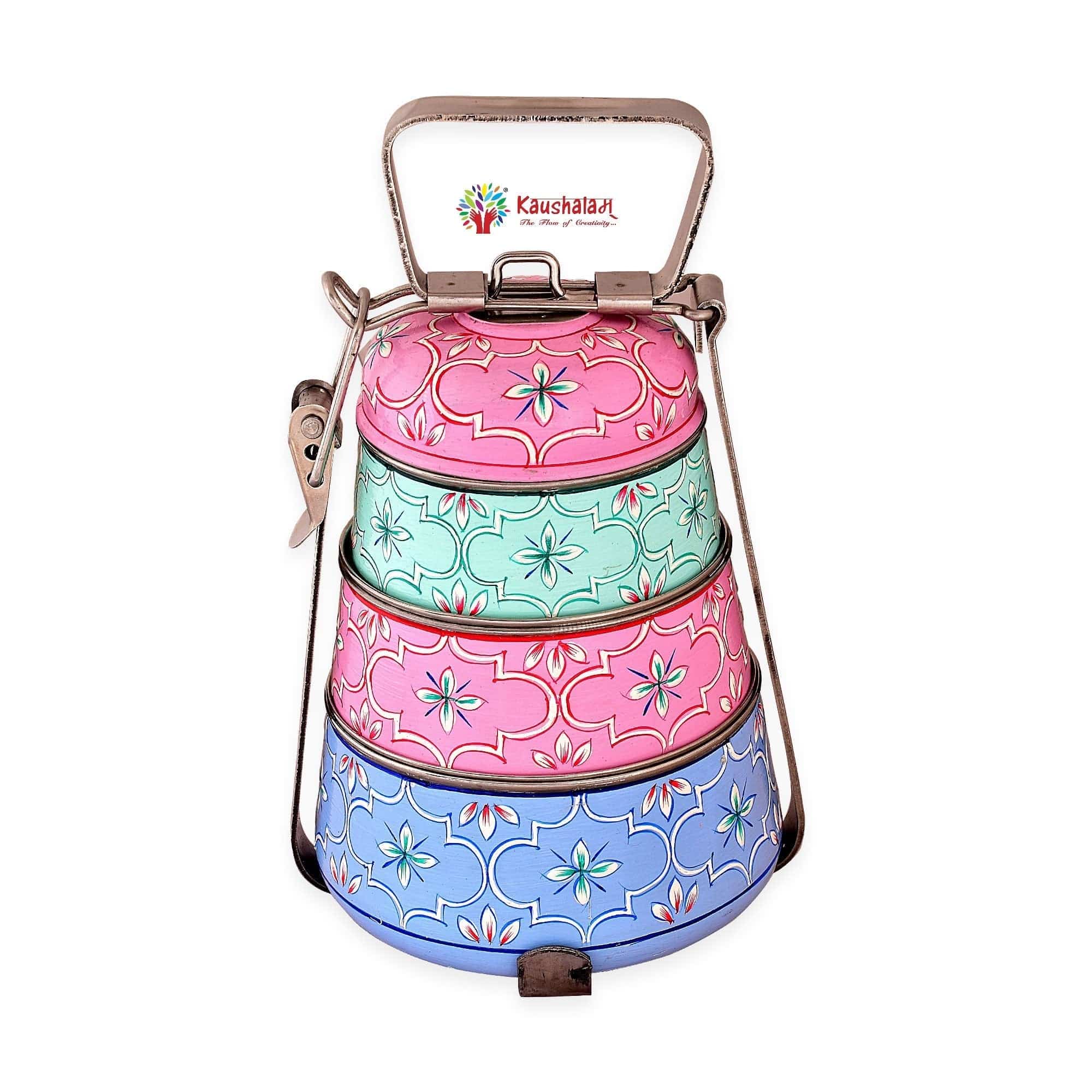 Hand Painted Steel Pyramid Lunch Box Multi Color tier tiffin