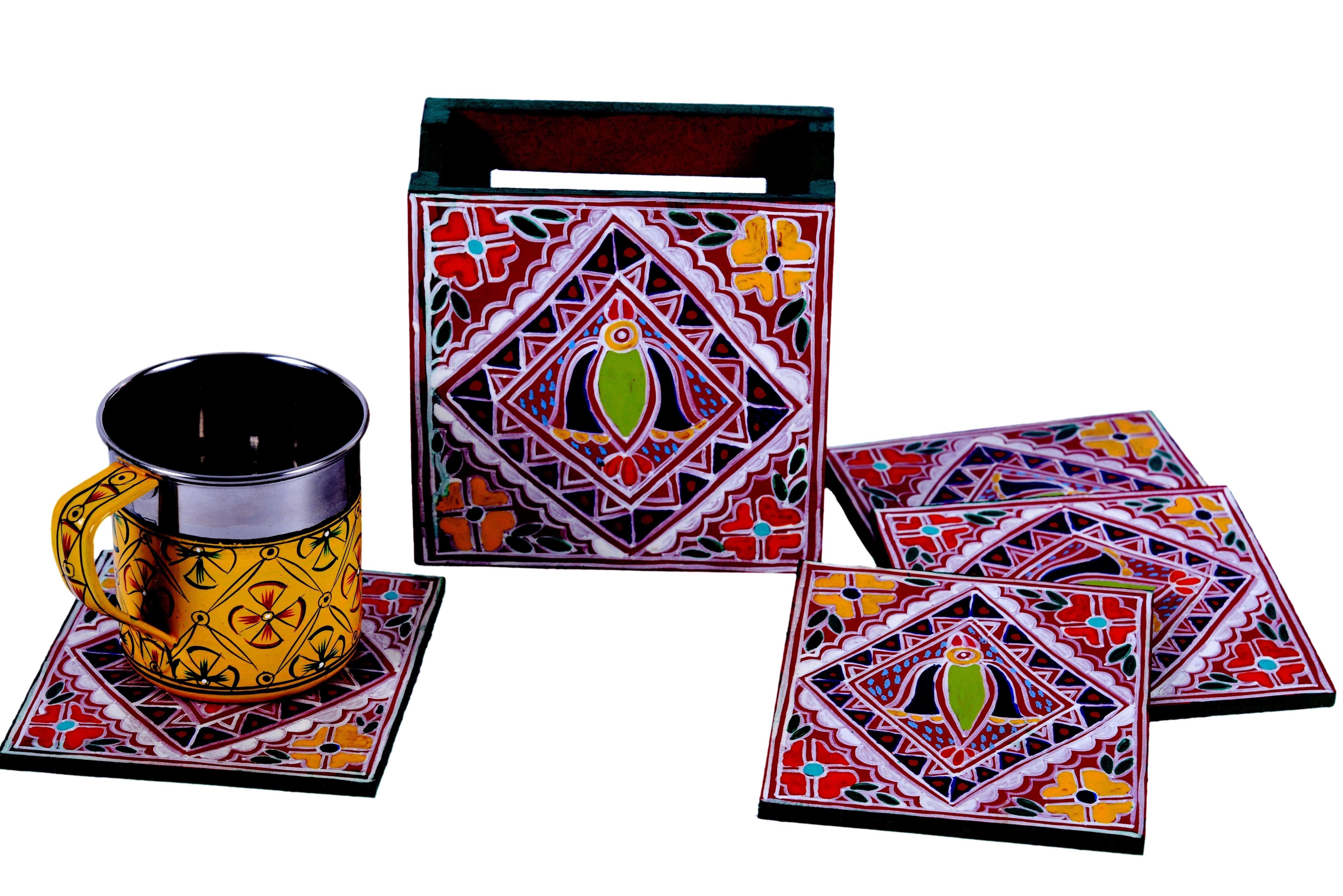 Hand Painted Madhubani Coasters set of 6 with holder - Classy Collection - India shopping