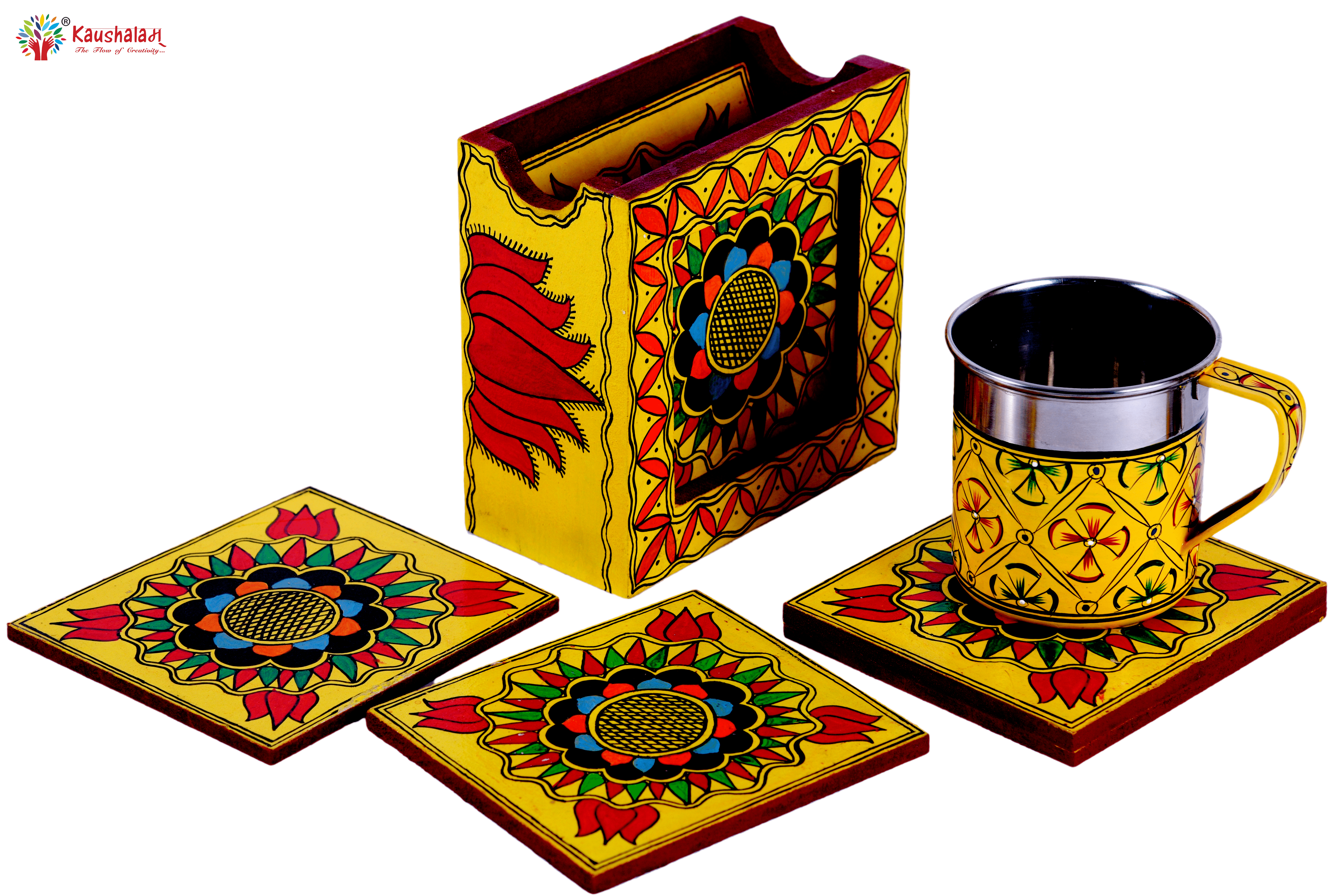 Hand Painted Madhubani Coasters set of 6 with holder - Classy Collection - India shopping
