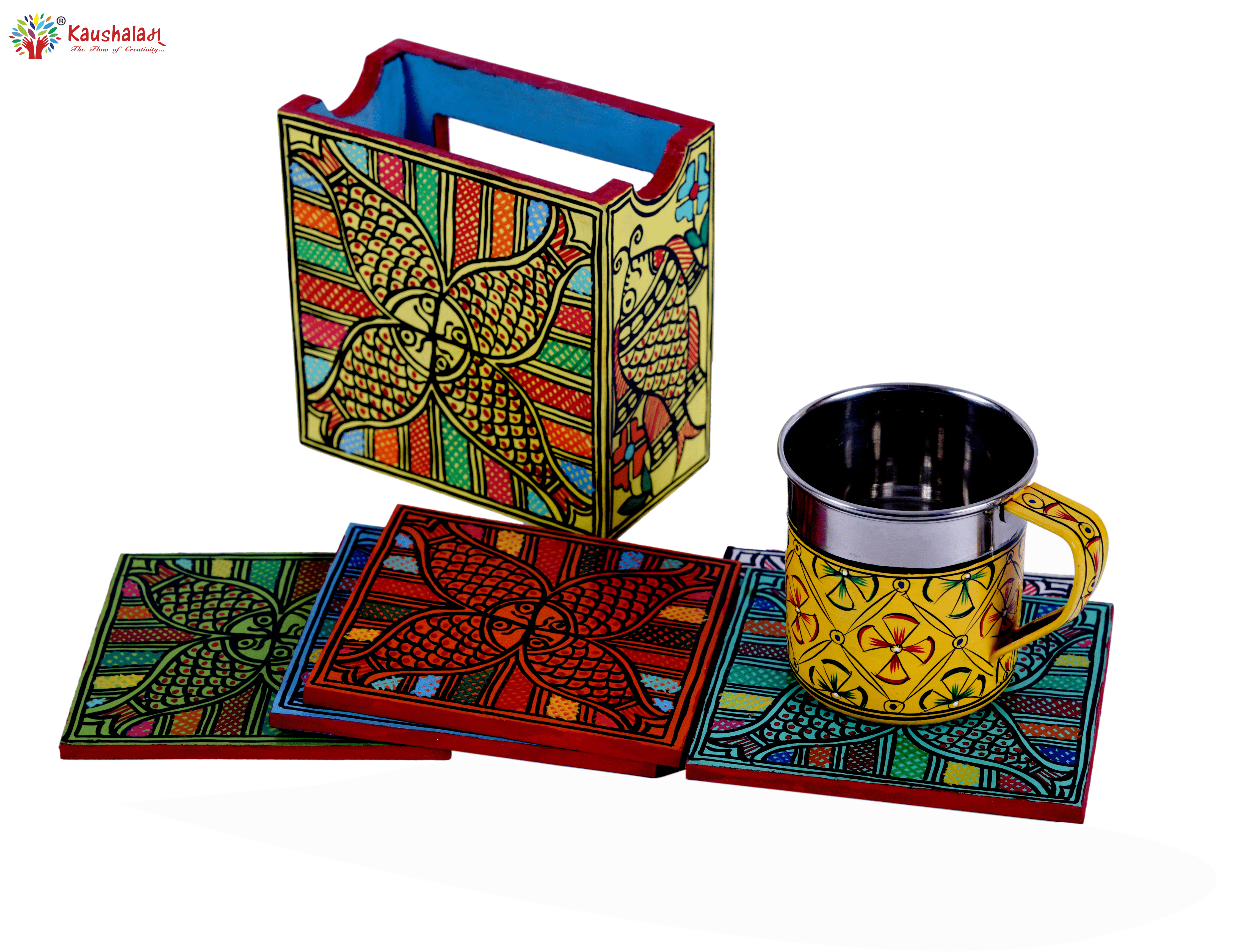 Hand Painted Madhubani Coasters set of 6 with holder - Classy Collection - India shopping