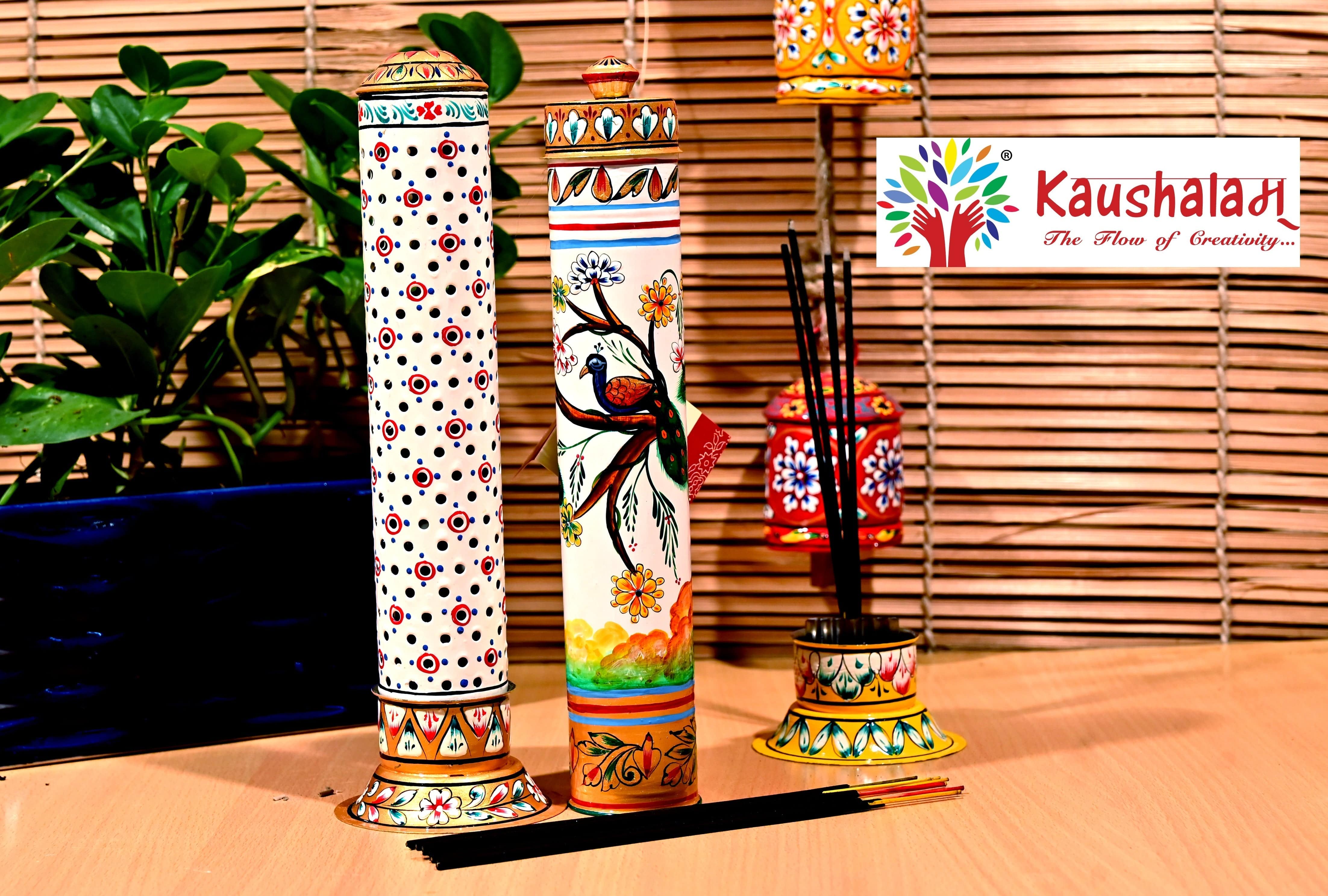 Hand Painted Incense Stick Burner & Holder Set of 2 - Elegant White Peacock - India shopping