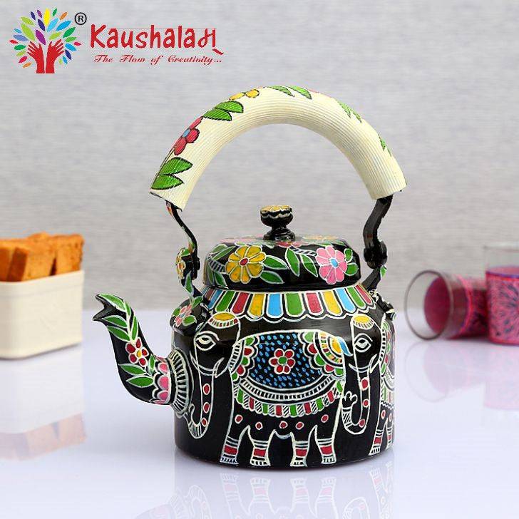 Hand Painted Kettle : White Elephant - India shopping