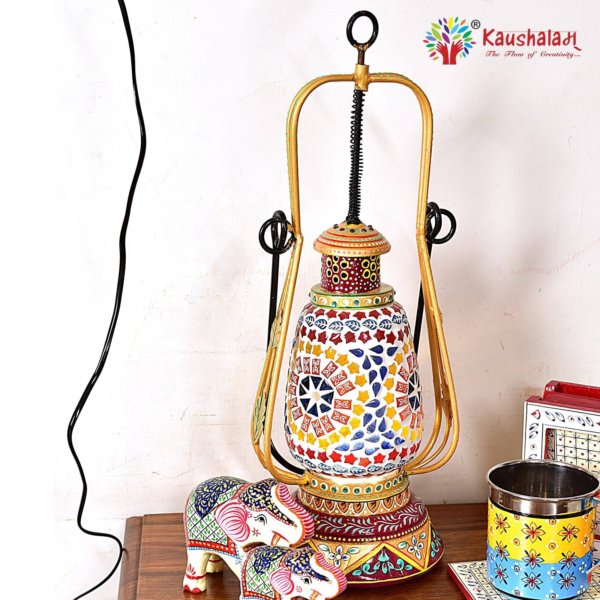 Hand Painted Lantern with Bulb : Ethnic Mosaic Bed Side Lamp Gold & Brownish Red - India shopping
