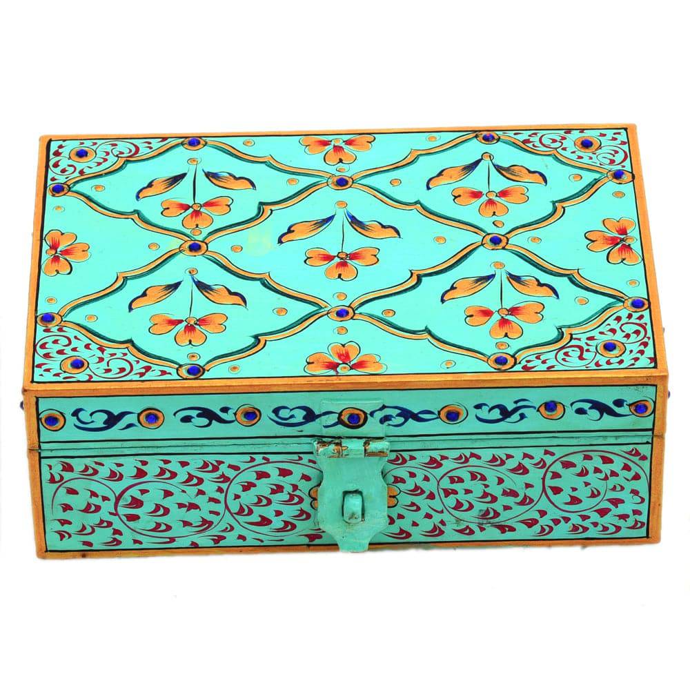 Hand painted Rectangular Wooden Box : Jewelry Box, Yellow Knick-Knack Box - India shopping