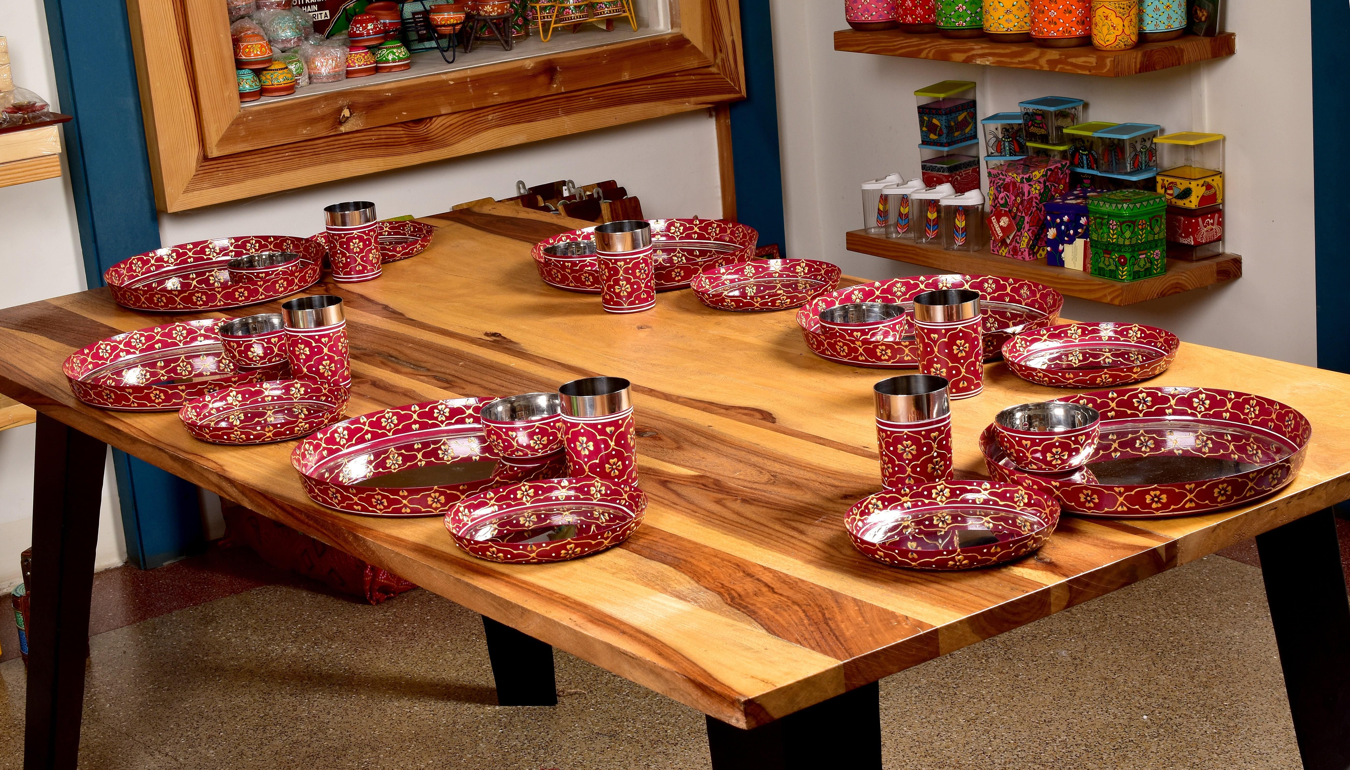 Hand Painted Steel Dinner Set 36 Pieces | Dinner Plate, Quarter plate, Bowl, Glass, Spoon- Fork - India shopping