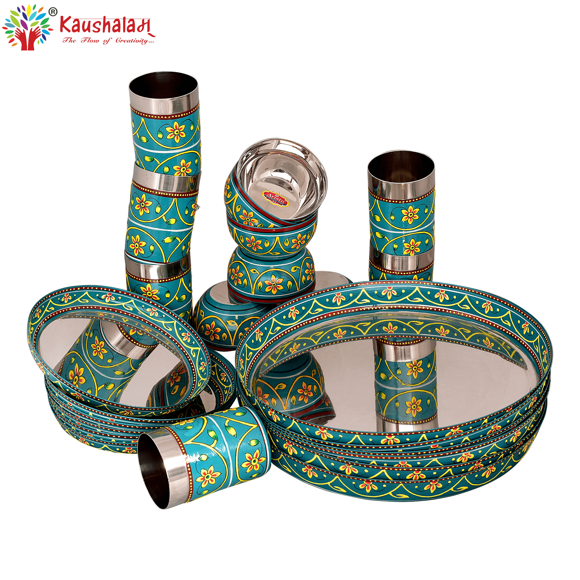 Hand Painted Steel Dinner Set 36 Pieces | Dinner Plate, Quarter plate, Bowl, Glass, Spoon- Fork | Set of 6 Items each 6 pieces, Dinnerware - India shopping