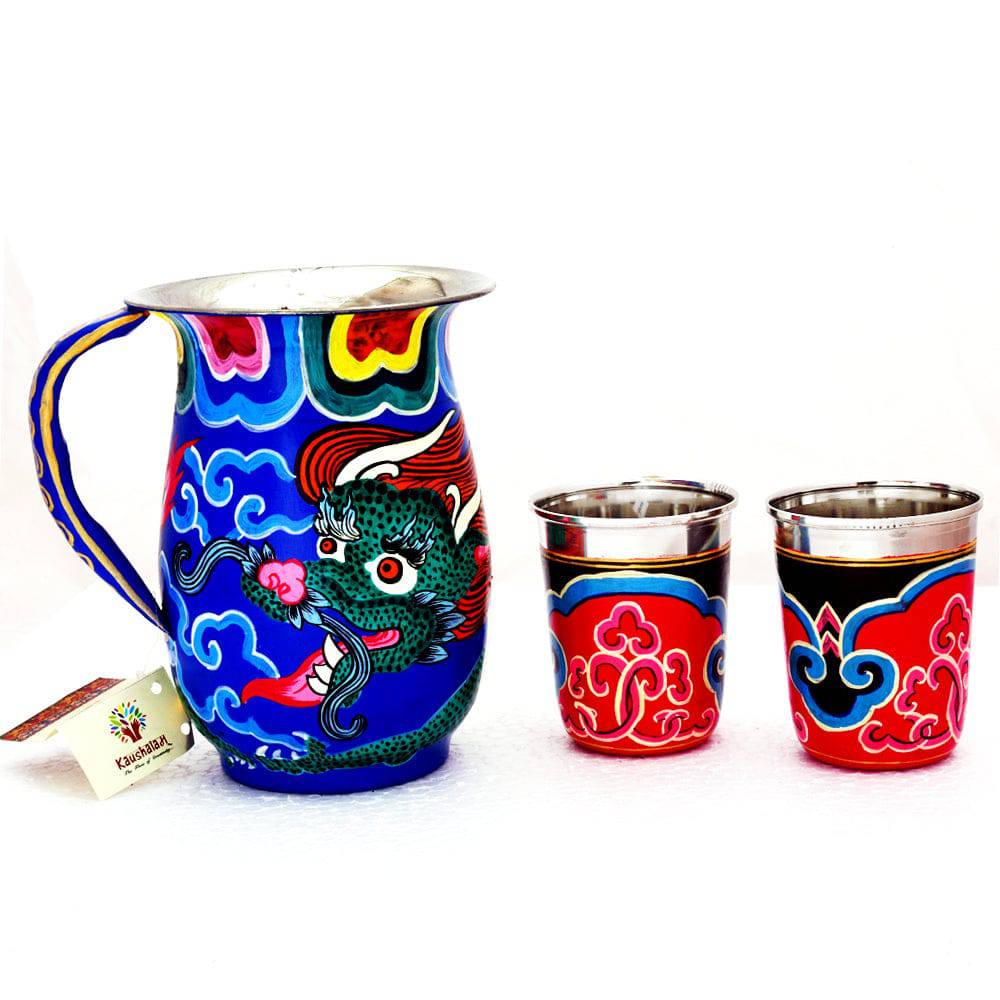 Hand painted Steel Jug and 2 water Glasses: Ladakhi Art - India shopping