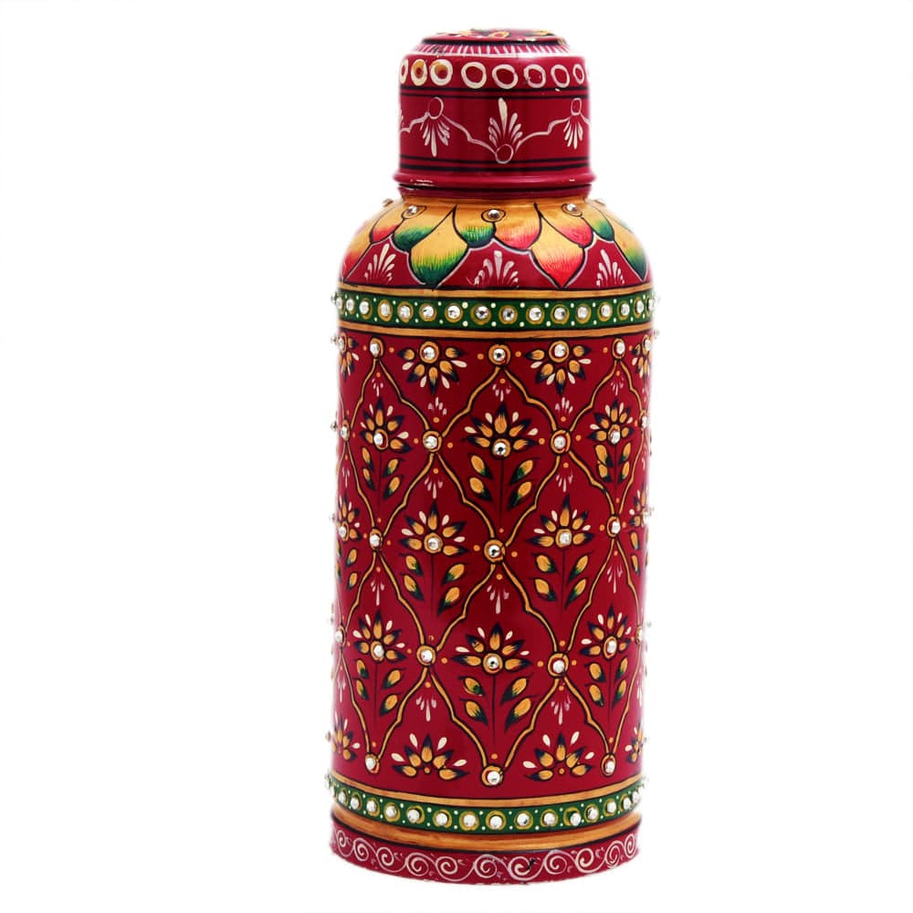Hand Painted Steel Water Bottle- Maroon with Crystals - India shopping