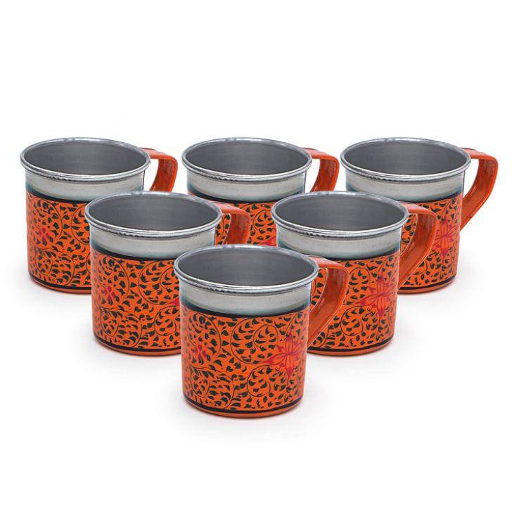 Hand Painted Tea Cups Set of 6 : Orange Baag - India shopping