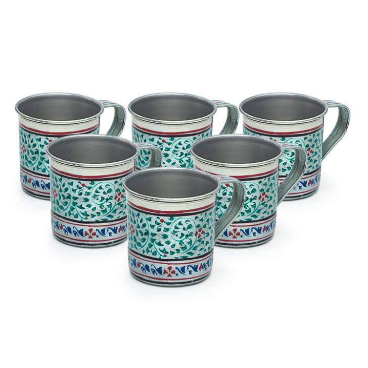 Hand Painted Tea Cups Set of 6 : Silver Green - India shopping