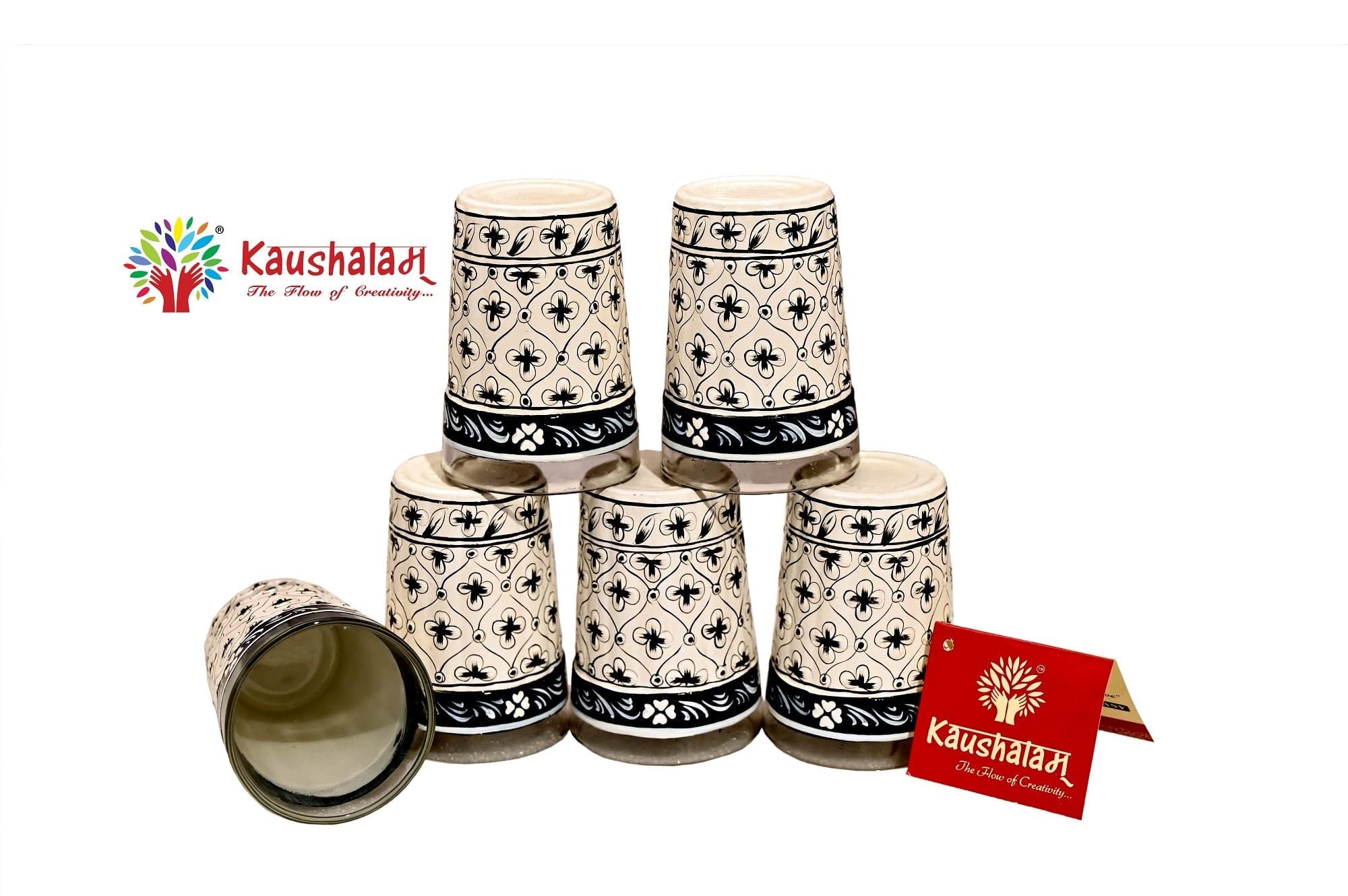 Hand Painted Tea Glass Set - Cream Floral - India shopping