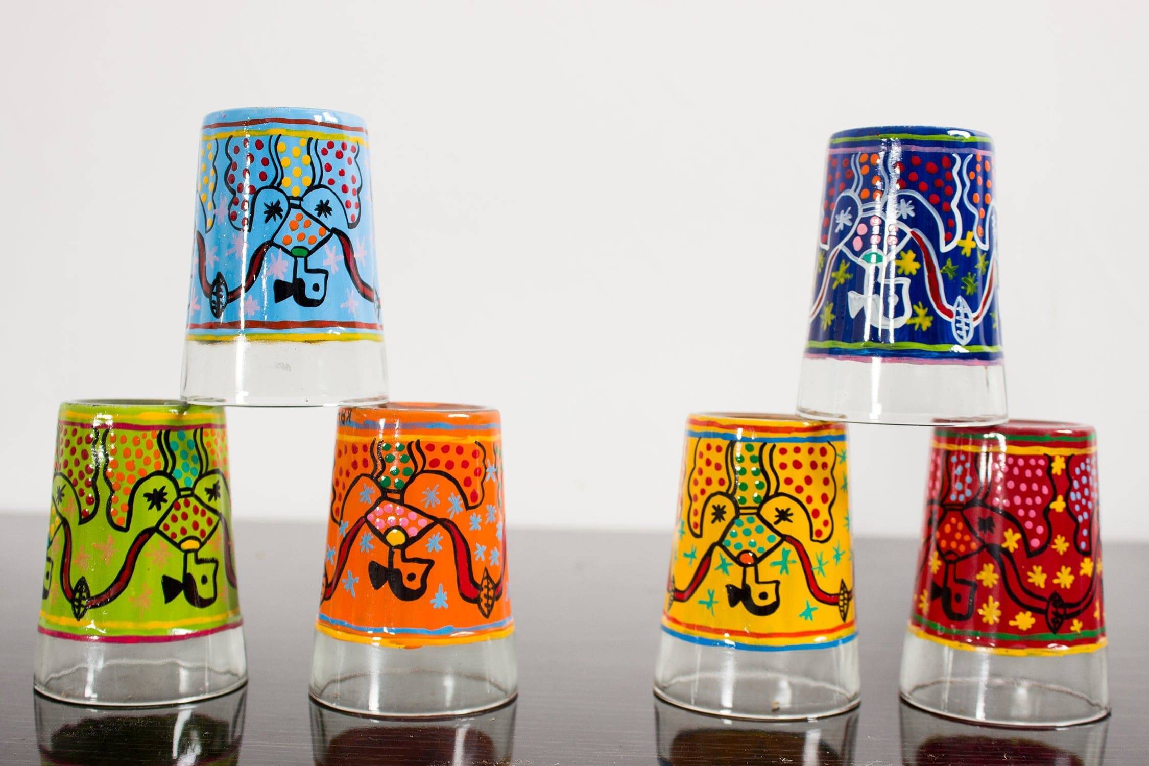 Hand Painted Tea Glass set of 6: Celabration Dancing Dolls - India shopping