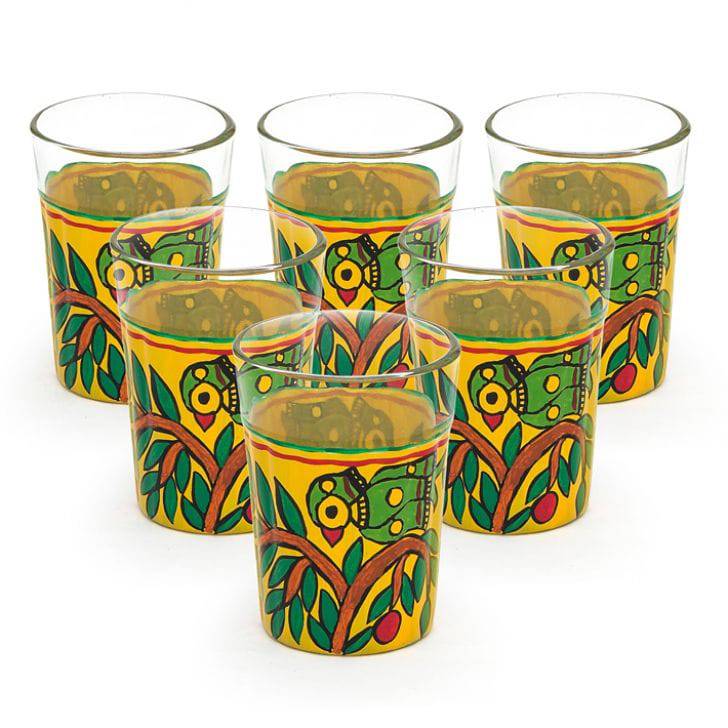 hand painted TEa Glass Set OF 6: Parrots on the tree - India shopping