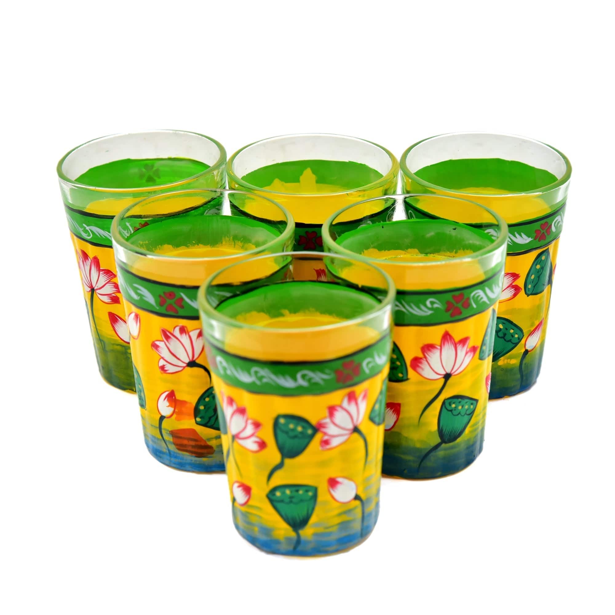 Hand Painted Tea Glass set of 6 : Yellow Pichwai - India shopping