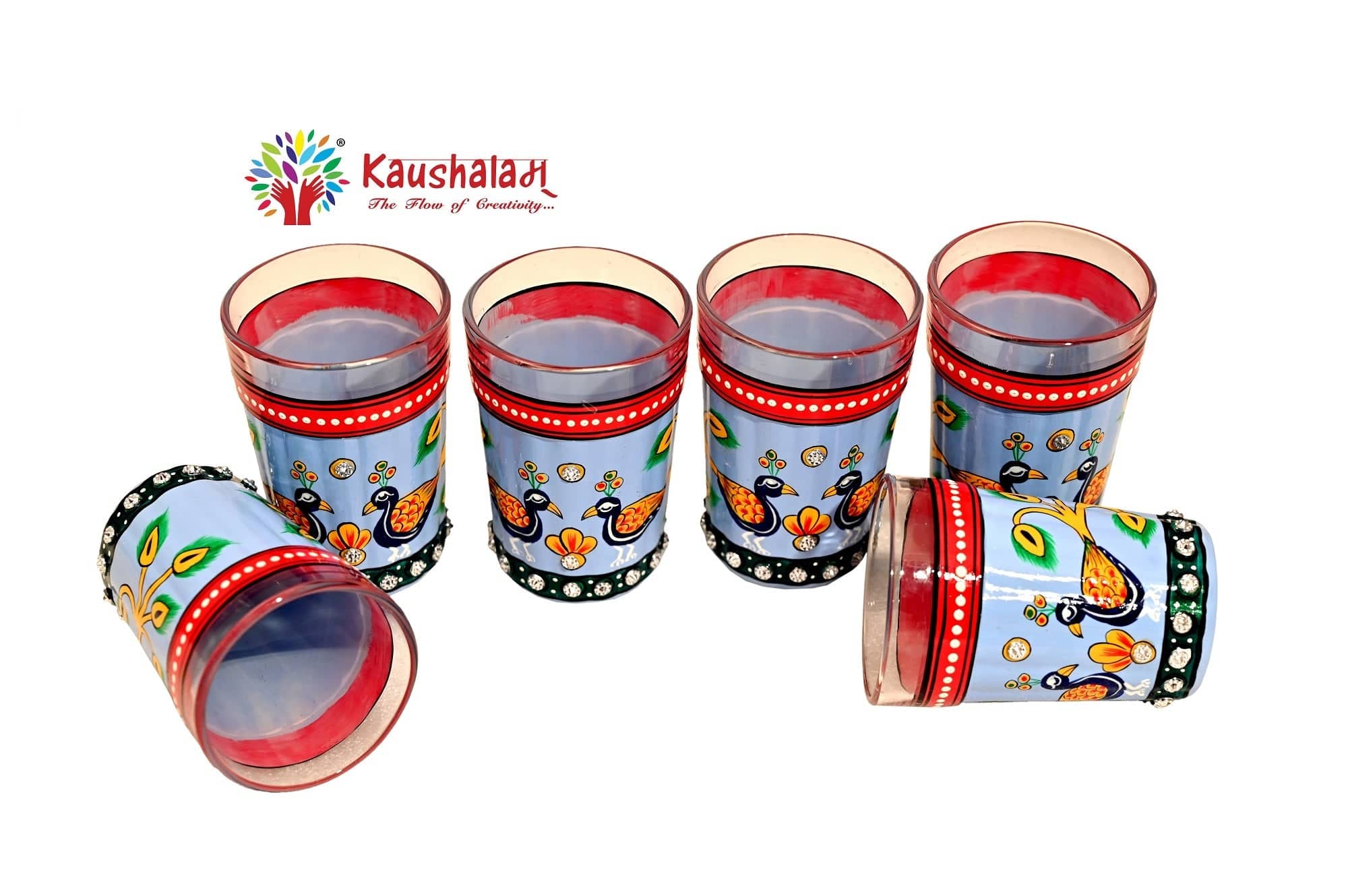 Hand Painted Tea Glass Set - Peacock - India shopping