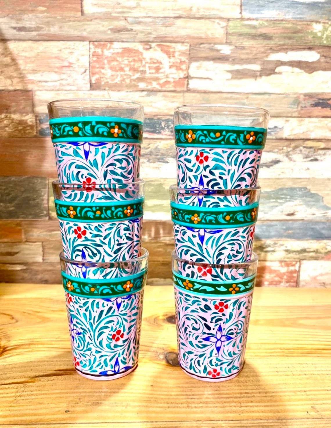 Hand Painted Tea Glass set - "Pink City" - India shopping