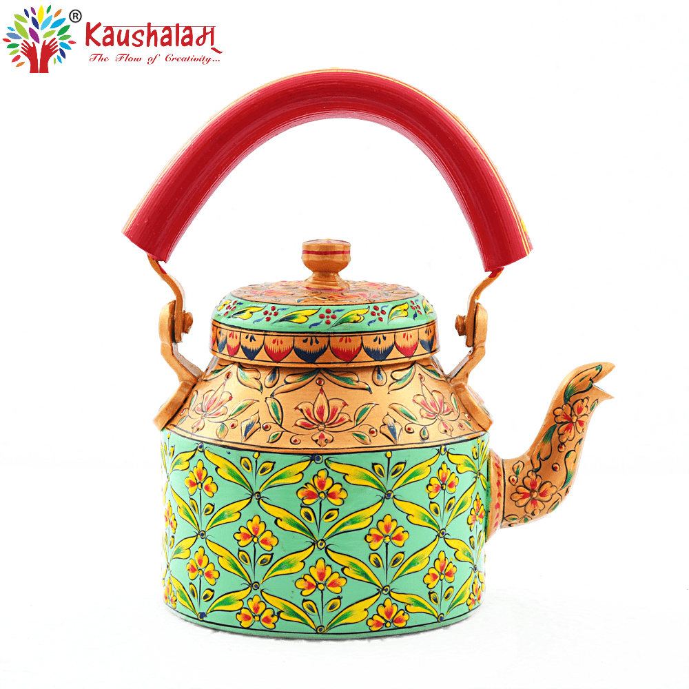 Hand Painted Tea Kettle : Floral Green Color - India shopping