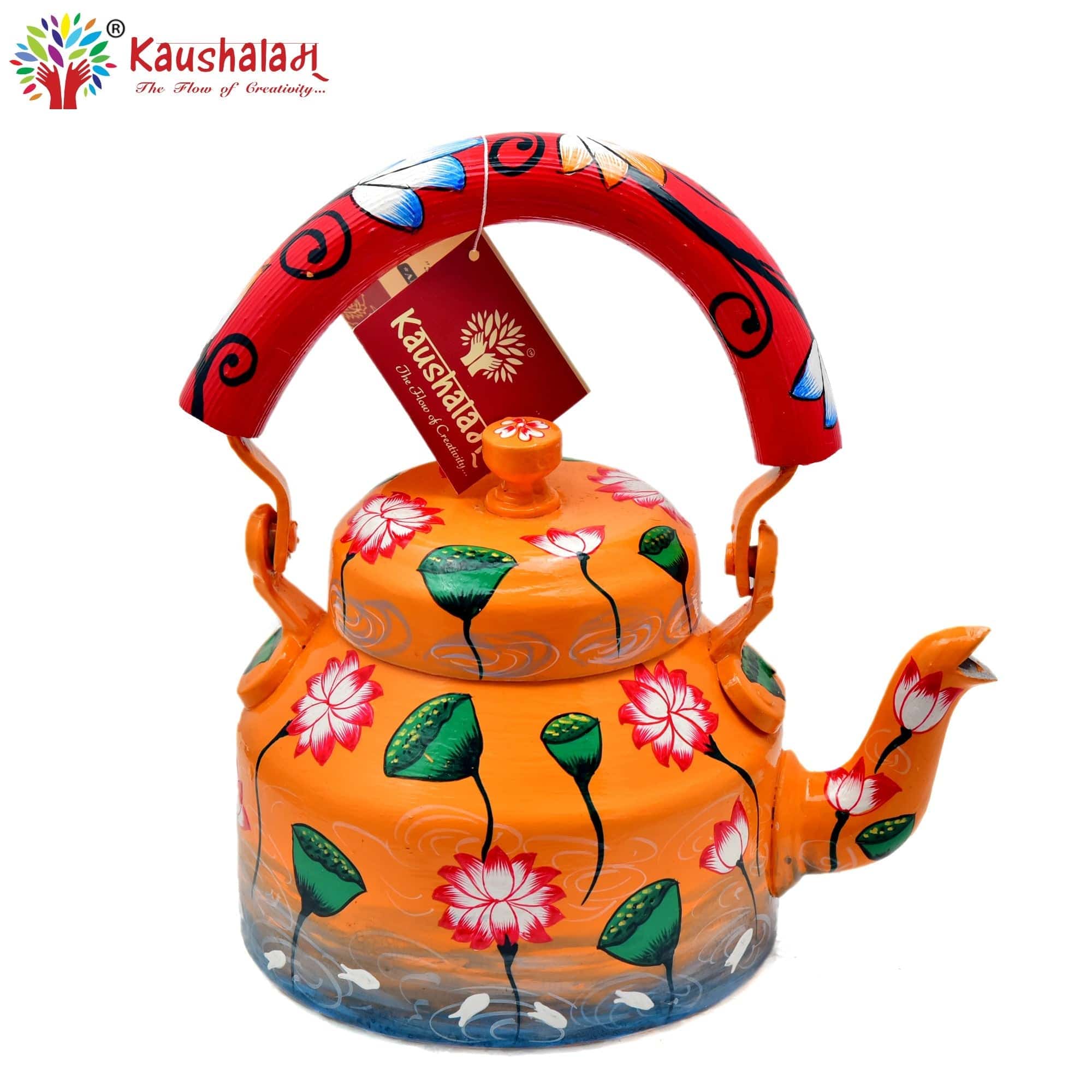 Hand Painted Tea Kettle : Orange Floral Painted - India shopping